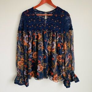 Anthropologie Mynah's Crochet Floral Print Statement Sleeve Peasant Boho Blouse